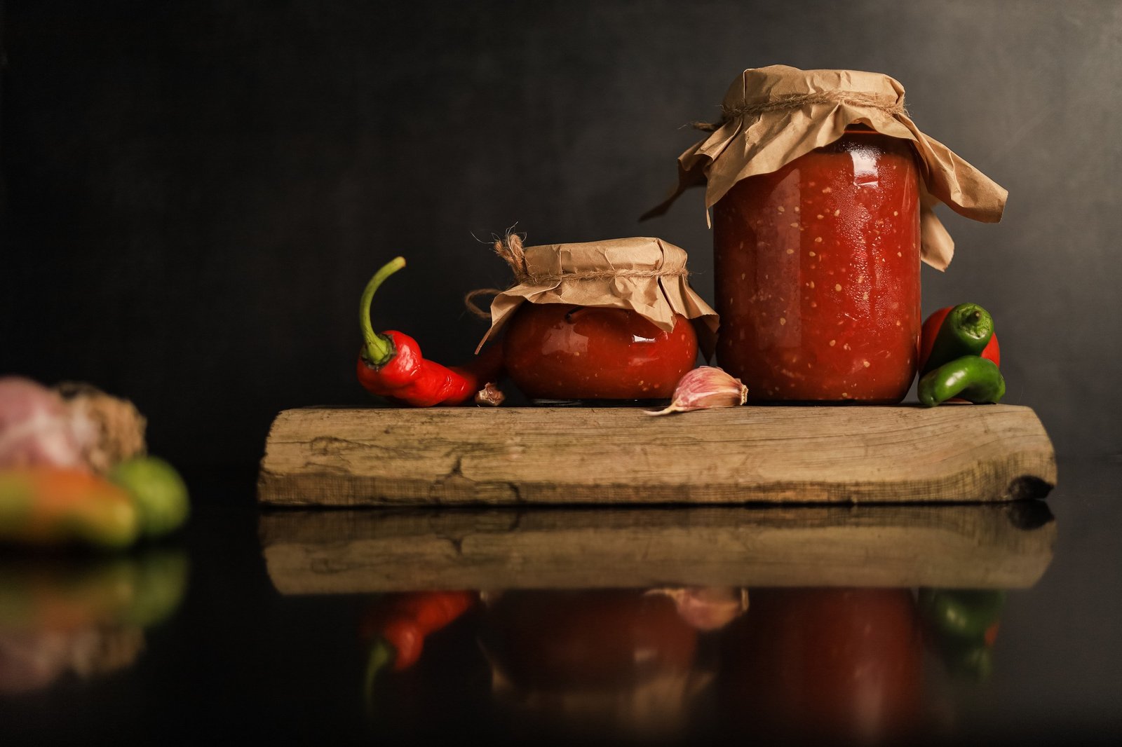 Glass Jars with Exotic Spicy Tomato Sauce Adjika and Ingredients on a Wooden Board on a Black.